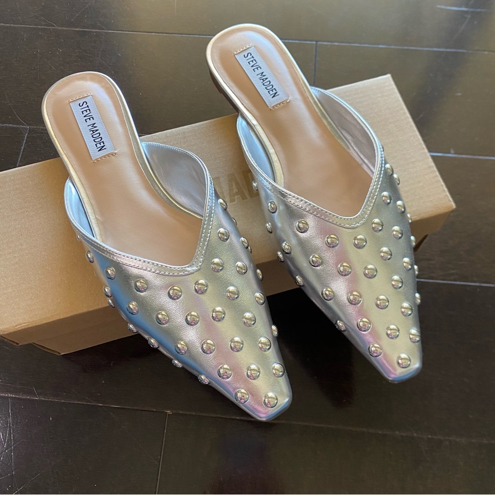 Steve Madden Mayah Silver Slides Mules Flats Shoes Sz 9.5